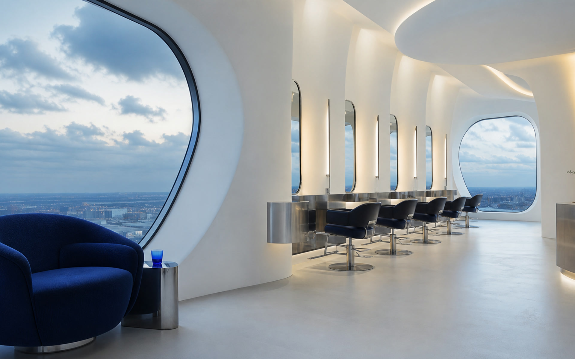 Aera studio interior with a cloud-filled rounded window